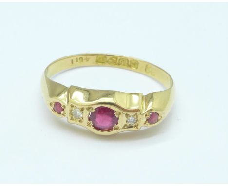 An 18ct gold, ruby and diamond five stone ring, Chester 1915, 1.5g, K