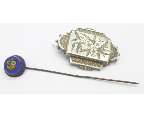 A micro mosaic stick pin and a Victorian silver brooch