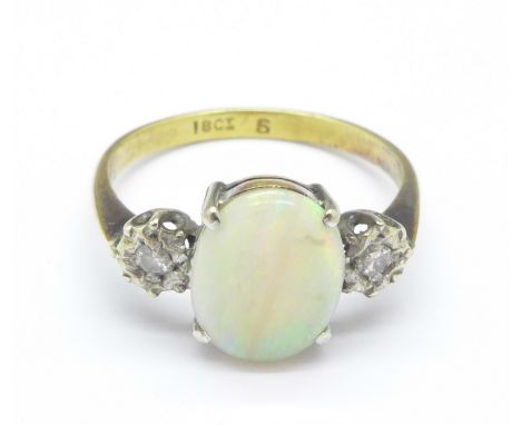 An 18ct gold, opal and diamond ring, 2.6g, N