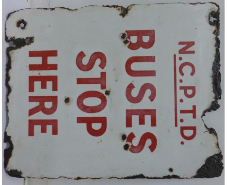 A N.C.P.T.D. enamel bus stop sign, 'Buses Stop Here'