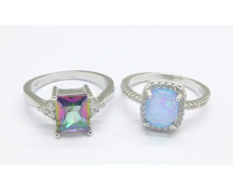 Two silver rings, synthetic fire opal and cubic zirconia and mystic topaz and cubic zirconia, both size P