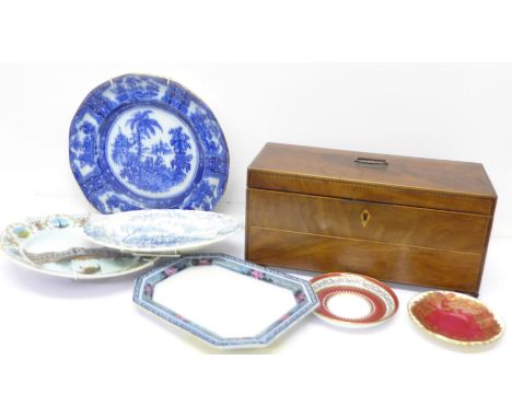 A George III mahogany inlaid tea caddy, length 31.5cm, and six plates, caddy a/f