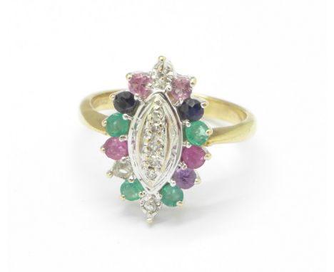 A 9ct gold and multi-coloured stone set ring, lacking one stone, 2.4g, J