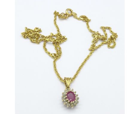 A 9ct gold, ruby and white stone pendant and chain, 4.8g
