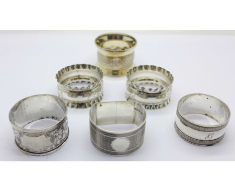 Five silver napkin rings, 68g, and one plated napkin ring