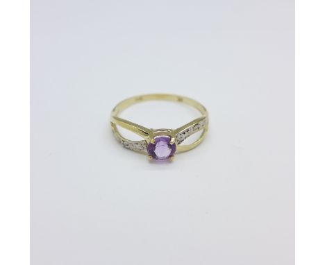 A 9ct gold, amethyst and diamond ring, 1g, O