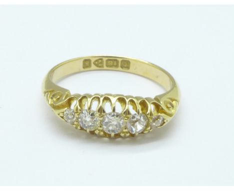 An 18ct gold and diamond five stone ring, Chester 1905, 2.9g, K