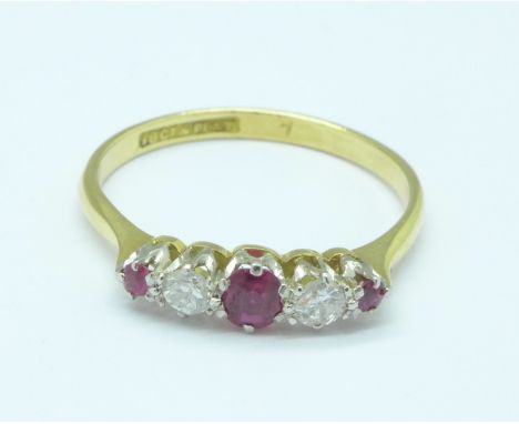 An 18ct gold, platinum, ruby and diamond five stone ring, 2.1g, P