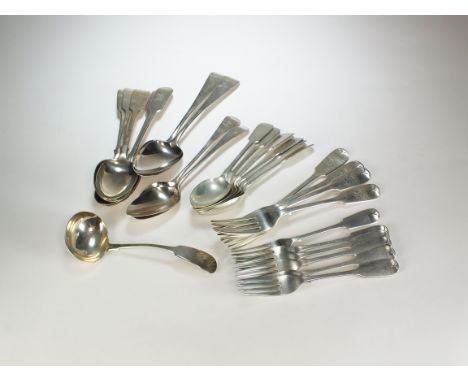 A collection of Victorian silver Fiddle pattern flatware, Francis Higgins III, London 1887, comprising; two serving spoons, s