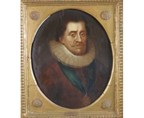 Circle of Daniel Mytens (1590-1647), Portrait of King James I of England and King James VI, half length wearing a white ruff 