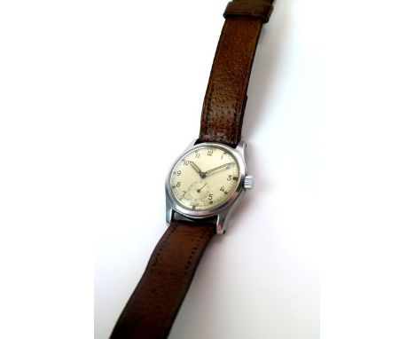A Double stamped Swiss military pilots watch with sterile dial and broad arrow caseback, silvered dial with black enamelled a