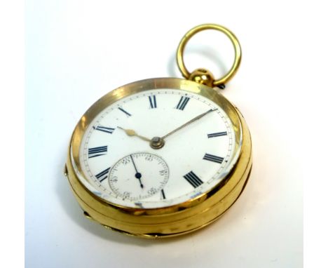 An 18ct gold open face pocket watch, the enamel dial with black Roman numerals, sub seconds at 6, total weight approx: 99.0g