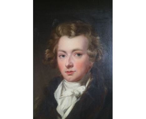 British school, late 19th century, Portrait of a young man, head and shoulders wearing a brown coat and white cravat, oil on 
