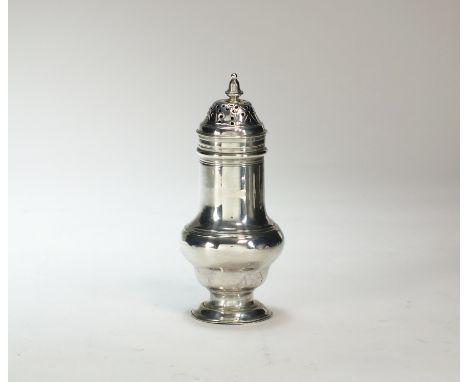 A silver pepper pot, I.D, London 1765, of baluster form with pierced cover and urn finial, 11.5cm high, weight approx 2oz