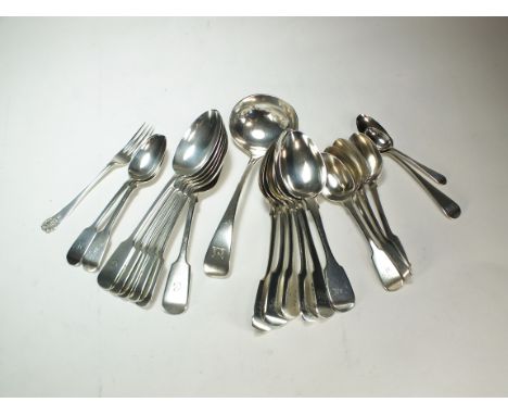 A collection of silver flatware, comprising; seven teaspoons, a sauce ladle, a cake fork, a coffee spoon and twelve dessert s