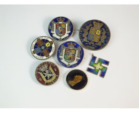 A collection of silver and polychrome enamel coin jewellery, comprising; two William IV half crowns, a Victoria crown dated 1