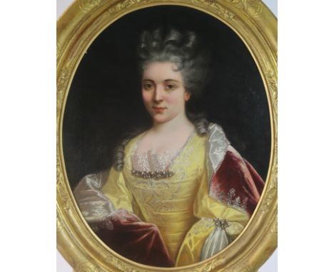 Follower of Nicholas de Largilliere (1656-1746), Portrait of a lady, half length wearing a yellow dress and a red cloak, oil 