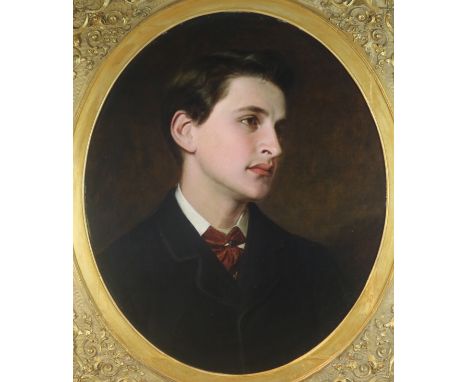 Thomas Francis Dicksee (1819 - 1895) Portrait of Frank Dicksee, head and shoulders wearing a black jacket and scarlet cravat,