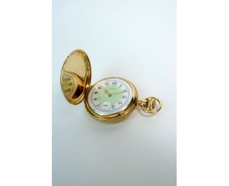 An Elgin pocket watch, mid-case and rim of caseback and dust-cover are engraved with a flora pattern, mounted with three rose