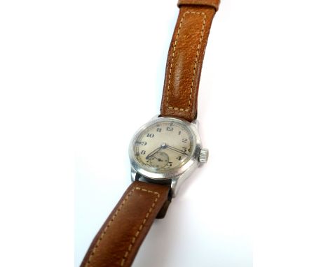A stainless steel sterile dial military wristwatch with broad arrow caseback, blued sword hands (luminous compound missing), 