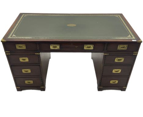 Bevan Funnell Reprodux - Military style mahogany twin pedestal desk, rectangular top with leather inset, fitted with eight dr