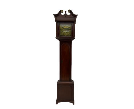 A mahogany longcase clock with a 19th century eight-day striking movement and earlier brass dial and steel hands, with a swan