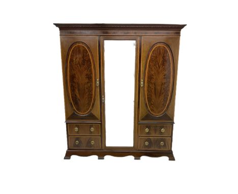 James Shoolbred &amp; Co. London - Edwardian inlaid mahogany triple combination wardrobe, projecting dentil cornice over beve