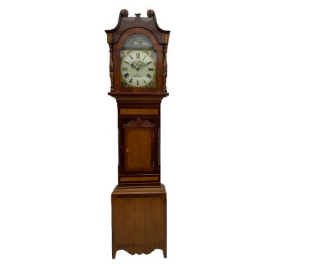 A late Victorian c1860 30-hour chain driven oak and mahogany longcase clock with a swan neck pediment with wooden paterae and