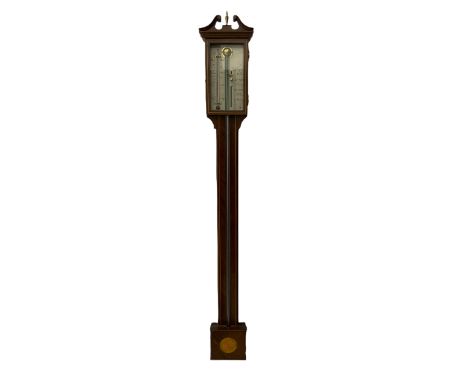 A 20th century mercury stick barometer in an earlier 18th century style, with a swan's neck pediment and inlaid square cister
