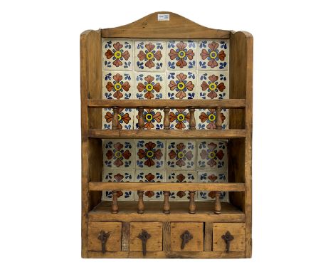 Rustic pine wall rack, with spice drawers and tile backDimensions: Height:&nbsp;76cm&nbsp; Length/Width:&nbsp;48cm&nbsp; Dept