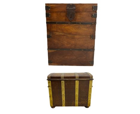 Hardwood metal bound hinged trunk (45cm x 45cm, H60), and an oak dome top box