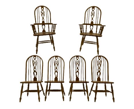 Set of six lightwood Windsor style dining chairs, hoop and stick backs with pierced wheel splats, turned supports joined by H