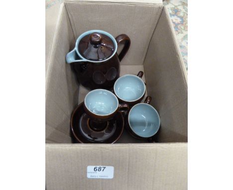 DENBY COFFEE POT, CUPS AND SAUCERS