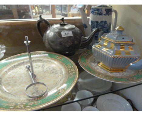TWO TEA POTS MIDWINTER CAKES STAND AND SPODE COFFEE POT 