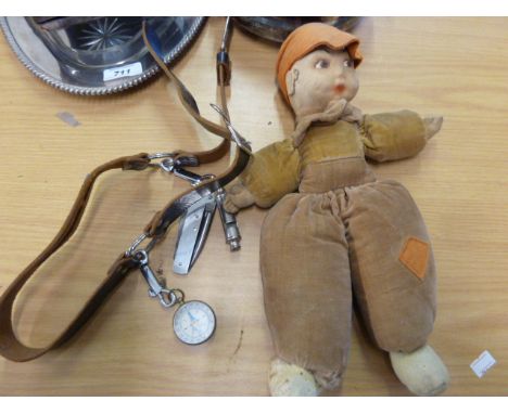 VINTAGE DOLL AND GIRL GUIDE ASSOCIATION BELT WITH PEN KNIFE, WHISTLE AND COMPASS