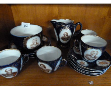 GROUP OF SEVRES CUPS, SAUCERS AND PLATES DECORATED WITH DIGNITARIES FROM LOUIS XV1 PERIOD PLUS, MILK JUG AND LARGE SUGAR BOWL