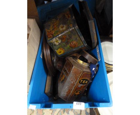 BOX OF VINTAGE TINS, THIMBLES ETC