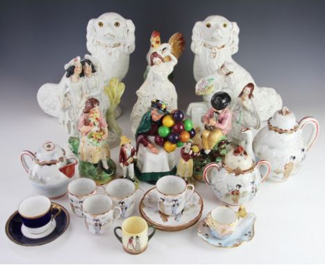 A collection of assorted ceramics, to include; a pair of gilt highlighted white glazed spaniels, assorted Victorian Staffords