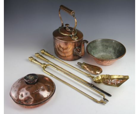 A late 19th century brass three piece companion set, other cooper and metal wares, a mother of pearl inlaid picture frame clo