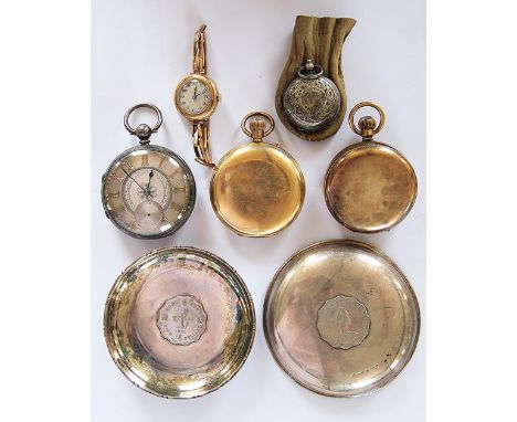 A Victorian silver pocket watch, engraved and engine turned dial with fusee movement, case Chester 1889, two gold plated pock