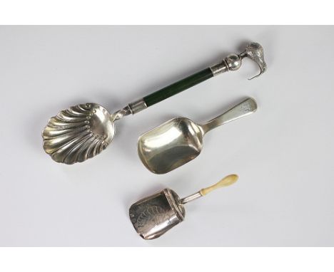 A silver caddy shovel with ivory handle, Cocks & Bettridge,  Birmingham 1805, a silver and nephrite jade spoon, Frank Hyams, 