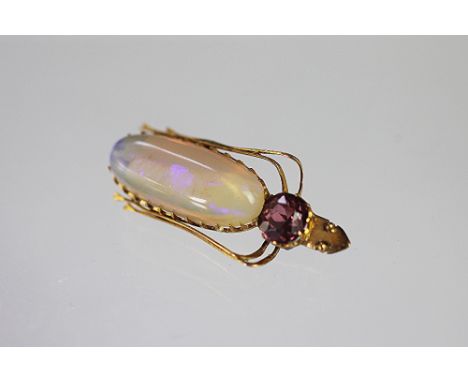 An opal and tourmaline insect brooch, designed as a pink tourmaline set thorax and opal set abdomen (opal measures approximat