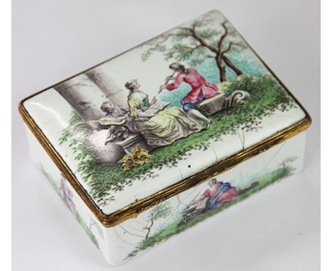 A late 18th century Battersea enamel box and cover, decorated with figures making music in a garden, 3.5cm H x 8.5cm W x 6cm 