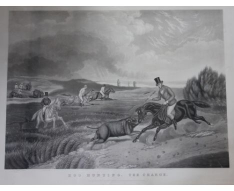 After Captain John Pratt,
black and white aquatint,
Hog Hunting - The Charge,
printed by Mess'rs Fores,
65cm x 87cm - oak fra