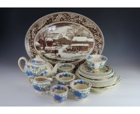 A Masons Ironstone China Regency pattern part dinner and tea service, including a teapot and cover, with a selection of other