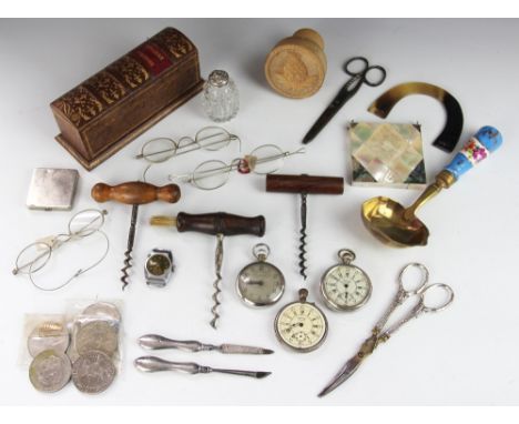 A collection of objects of vertu, to include a pair of French white metal mounted manicure scissors, watches, cork screws, cu