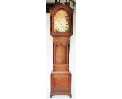 A George III inlaid oak and mahogany eight day longcase clock, with painted Roman numeral dial signed Wainright Nottingham, w