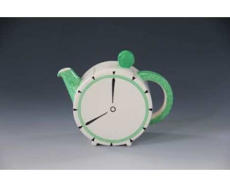 A Clarice Cliff Bizarre 'Eight o'clock' pattern tea pot, sugar bowl, plate and saucer, Bonjour shape, with printed Wilkinson 