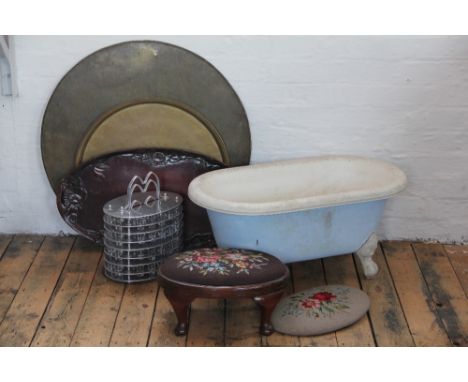 A miniature roll top bath used as a garden planter, on claw and ball toes, 79cm, with a holy communion glass holder, two bras