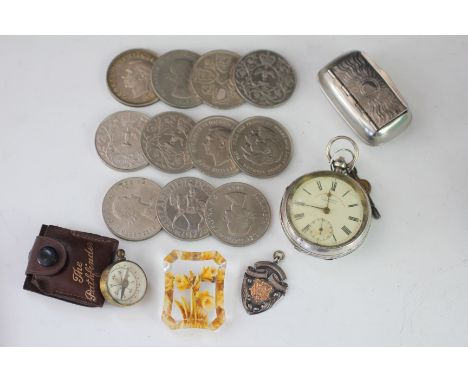 A silver cased pocket watch, Express English Lever, J G Graves, Sheffield, a vesta case, a silver fob, a compass and assorted